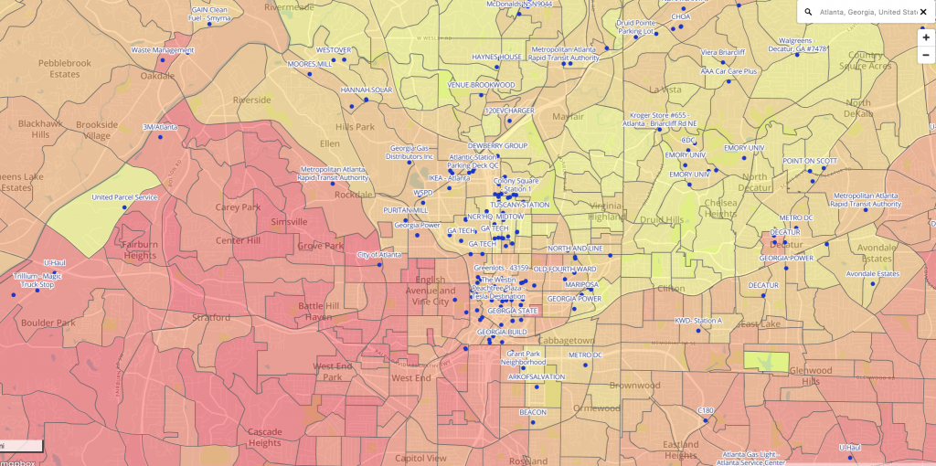 Map of Atlanta showing location of all electric vehicle charging stations