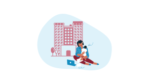 Woman with baby seated in front of apartment building