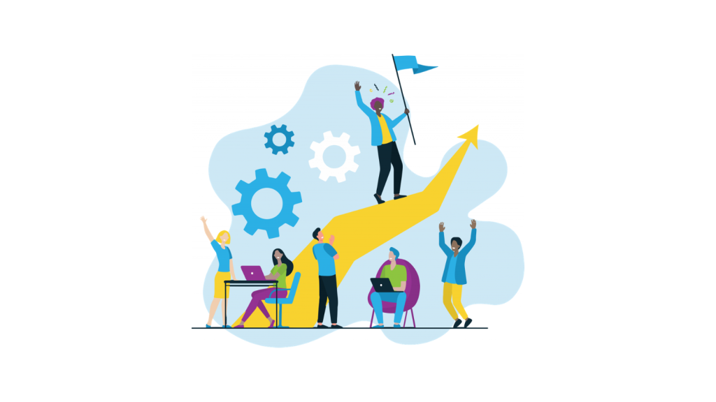 Employees climbing ramp. Background showing cogs and wheels. Man at top claiming victory by planting a flag.