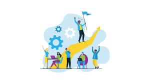 Employees climbing ramp. Background showing cogs and wheels. Man at top claiming victory by planting a flag.