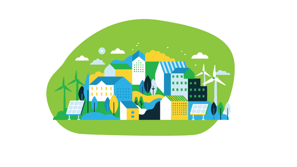 city backdrop with windmills and solar panels