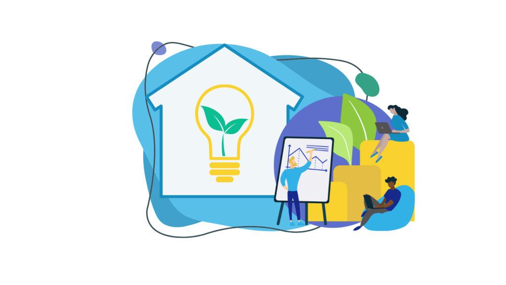 Energy Efficiency Solutions With A.I. Superpowers, For Utilities 6 Graphic representing home energy efficiency. House with lightbulb and green leaves.