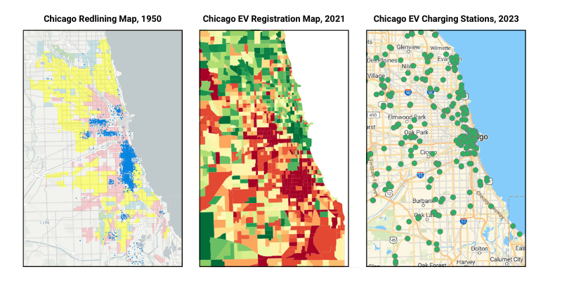Chicago Comparison Maps: Redlining, EV Registrations, EV Charging stations 